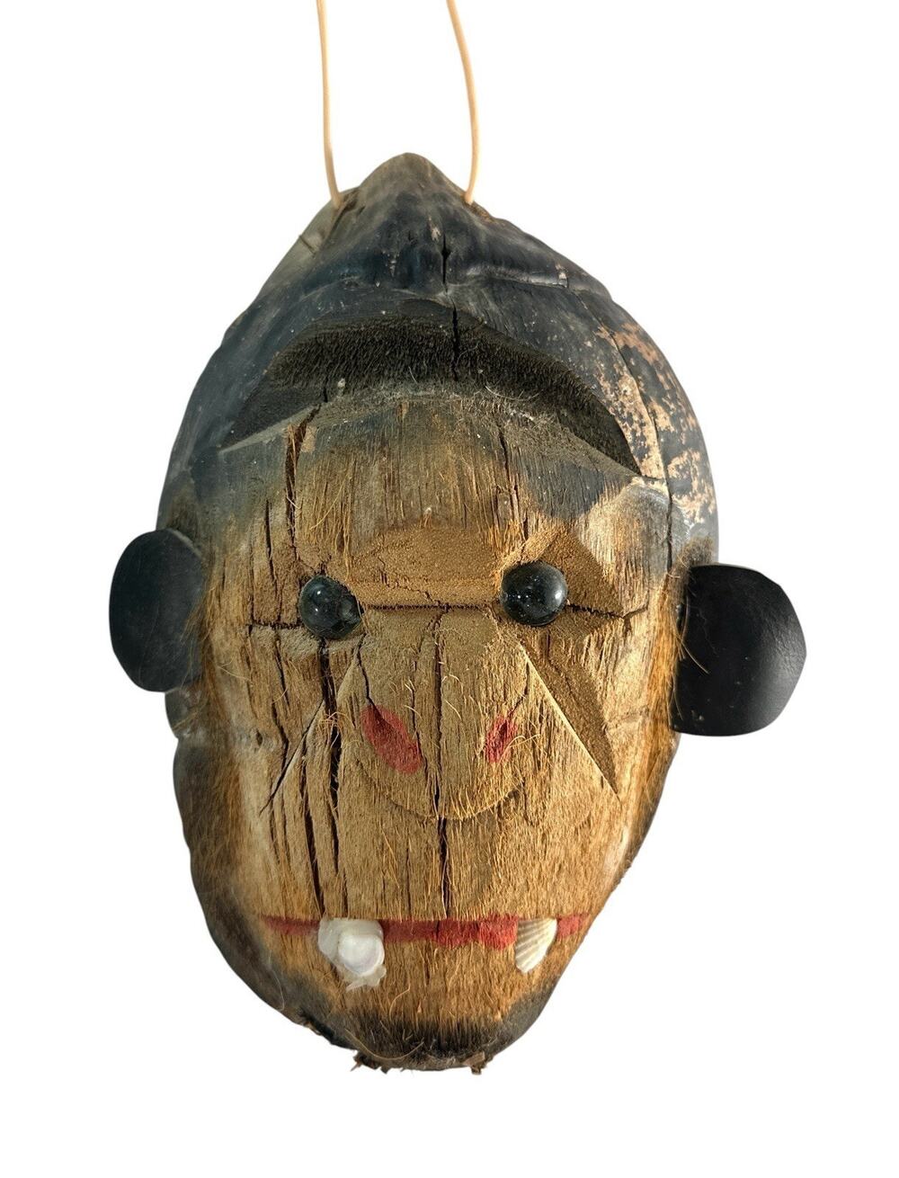 Vintage Coconut Shell Monkey Face Wall Hanging Folk Art Handmade 9”
